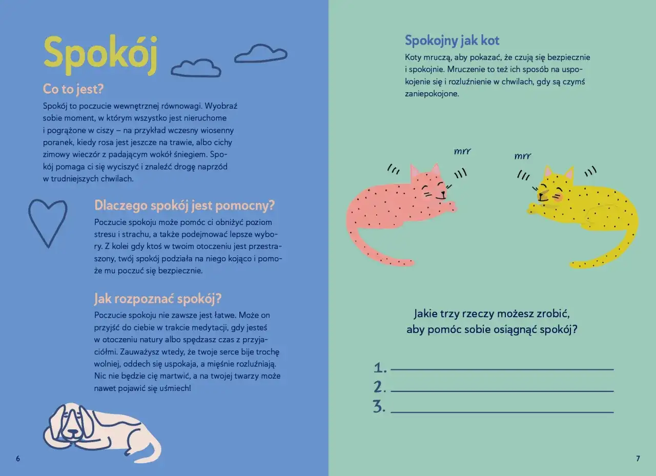 Pamflet o tym, co to spokój, jak go rozpoznać i dlaczego jest ważny. Ilustracje kotów mruczących dla spokoju.