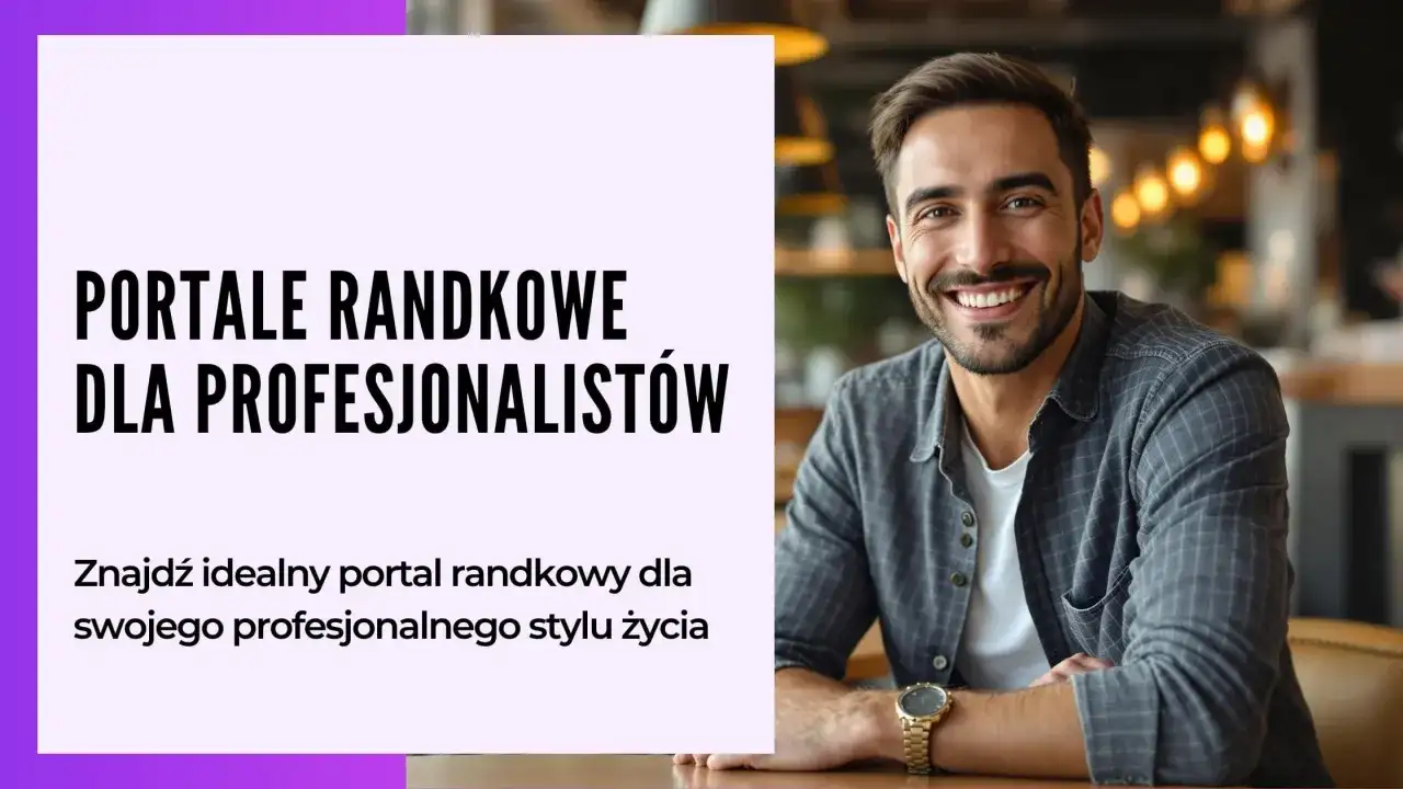 Uśmiechnięty mężczyzna na tle napisów "Portale randkowe dla profesjonalistów". Znajdź najlepsze aplikacje randkowe dla swojego stylu życia.