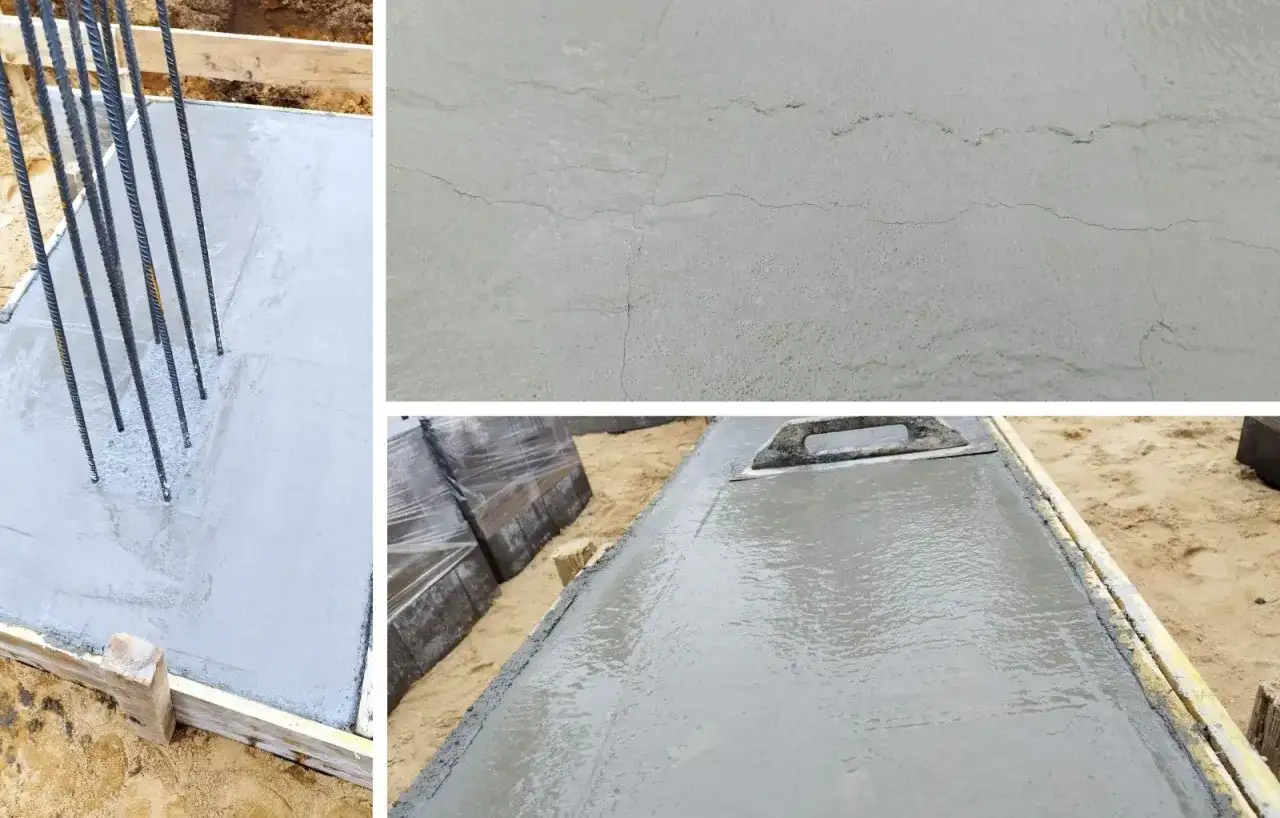 Na ławach fundamentowych widać świeży beton z prętami zbrojeniowymi oraz drobne rysy skurczowe na powierzchni.
