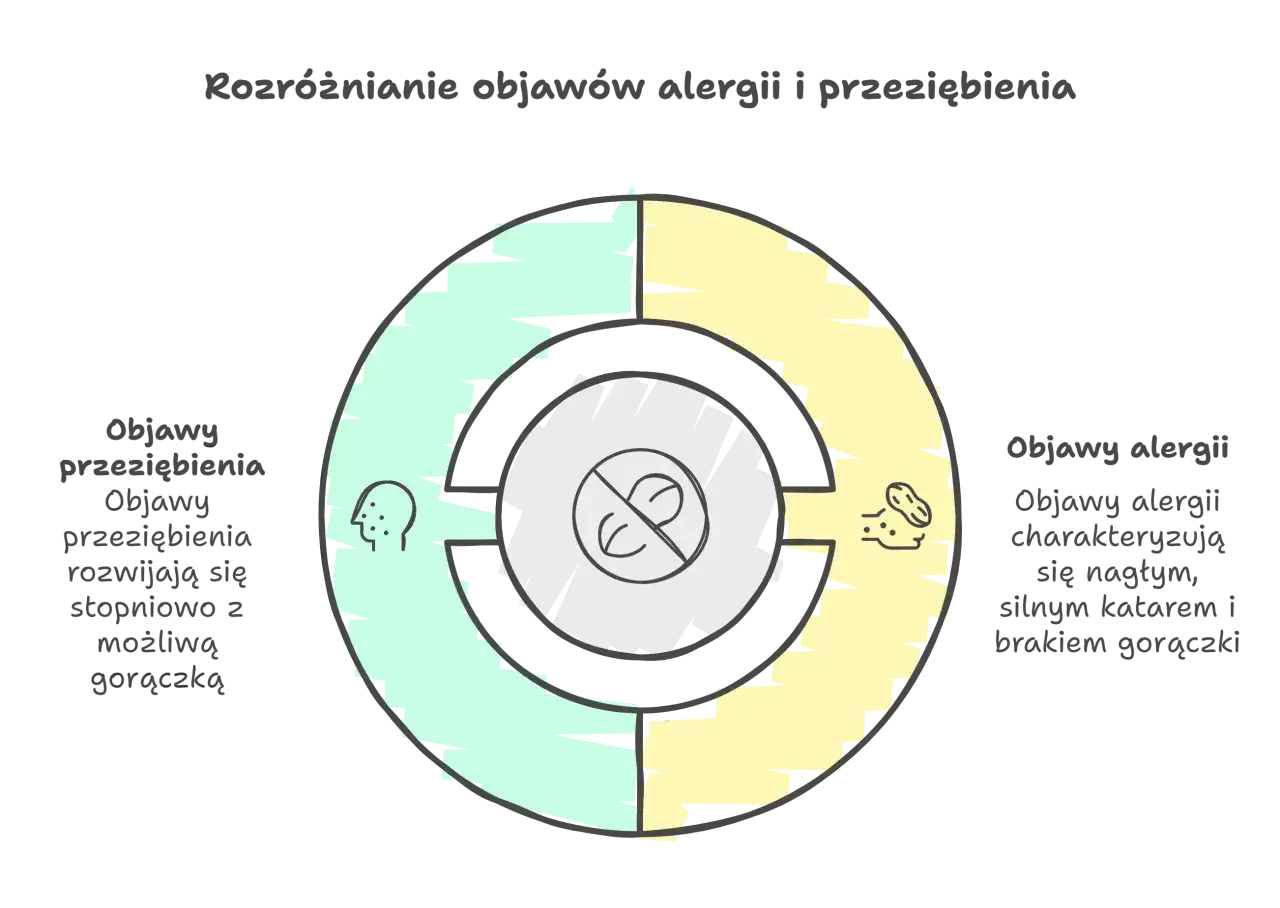 Diagram porównuje objawy alergii i przeziębienia. Alergia to nagły, silny katar bez gorączki, a przeziębienie rozwija się stopniowo, z możliwą gorączką.