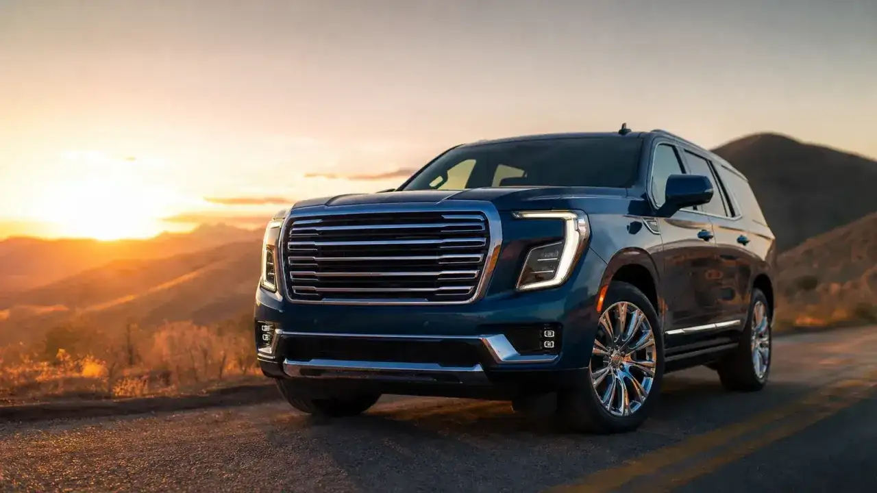GMC Yukon XL w kolorze granatowym na tle zachodzącego słońca w górach.