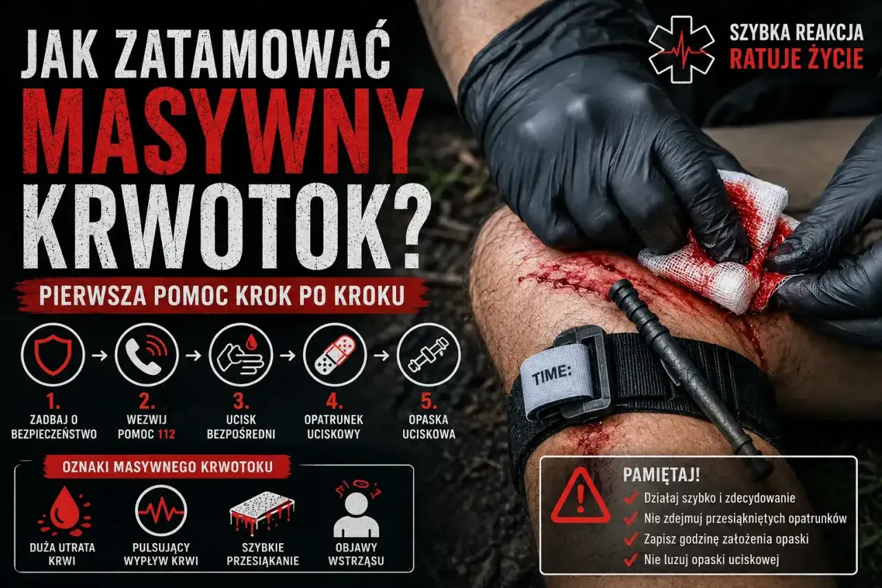 Instrukcja tamowania krwotoku tętniczego: zadbaj o bezpieczeństwo, wezwij pomoc, ucisk bezpośredni, opatrunek uciskowy, opaska uciskowa. Szybka reakcja ratuje życie.