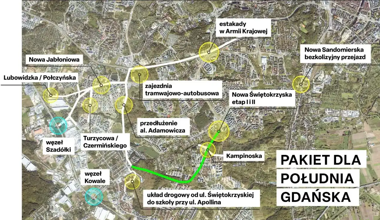 Mapa planowanych inwestycji drogowych w Gdańsku. Widoczny zielona zatoka łącznik między ulicami.