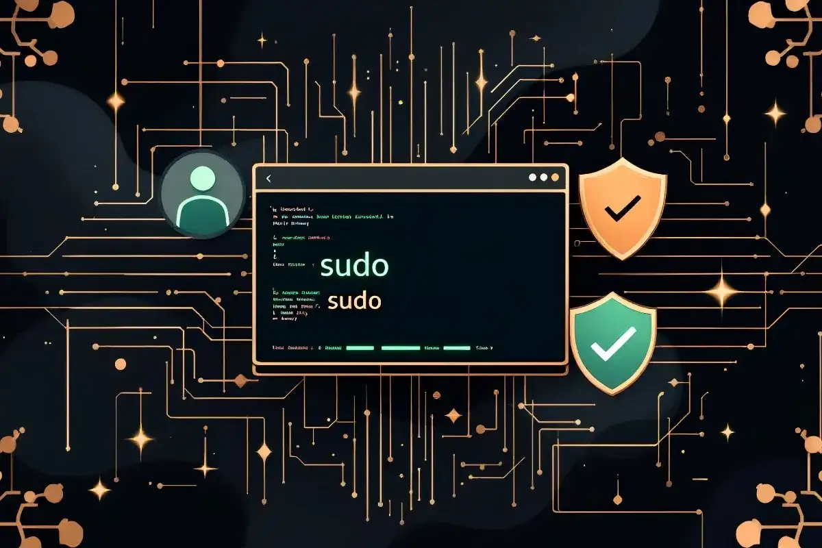 Terminal z komendą sudo w systemie alias linux. Ikona użytkownika i tarcze z potwierdzeniem bezpieczeństwa na tle obwodów drukowanych.