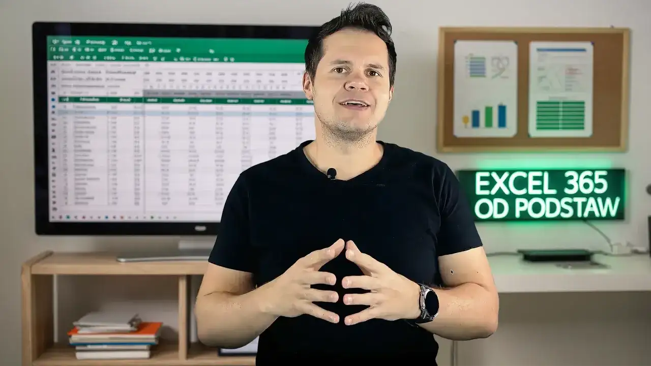 Mężczyzna tłumaczy podstawy Excela 365. Na ekranie widać arkusz kalkulacyjny, a w tle neon z napisem "EXCEL 365 OD PODSTAW".
