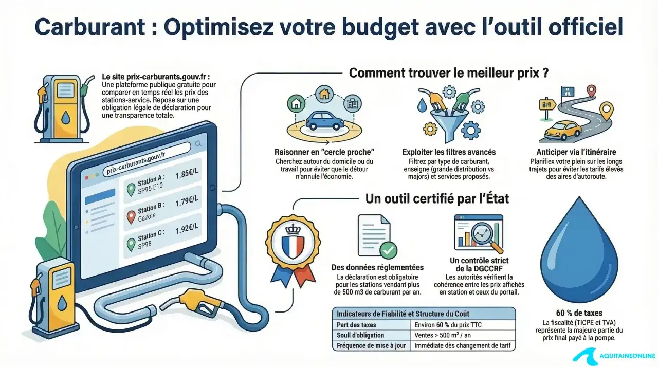 Le poids d'un litre de gasoil est influencé par les taxes (60%). L'outil officiel aide à comparer les prix des carburants pour optimiser votre budget.