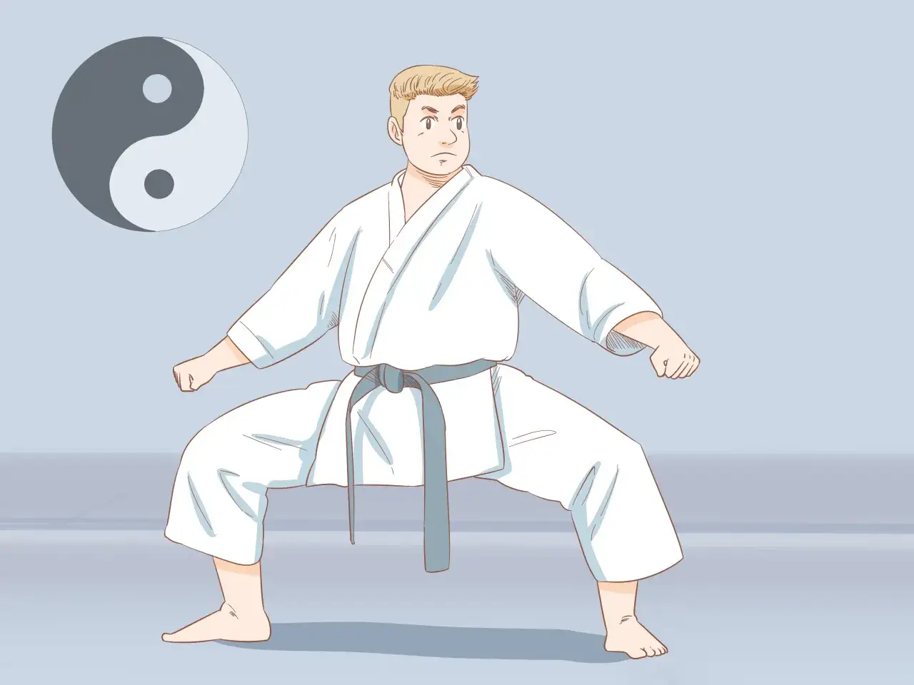 Chłopiec w białym karate gi, z szarym pasem, w pozycji bojowej. Obok symbol Yin i Yang. Poznaj nazwy sztuk walki.