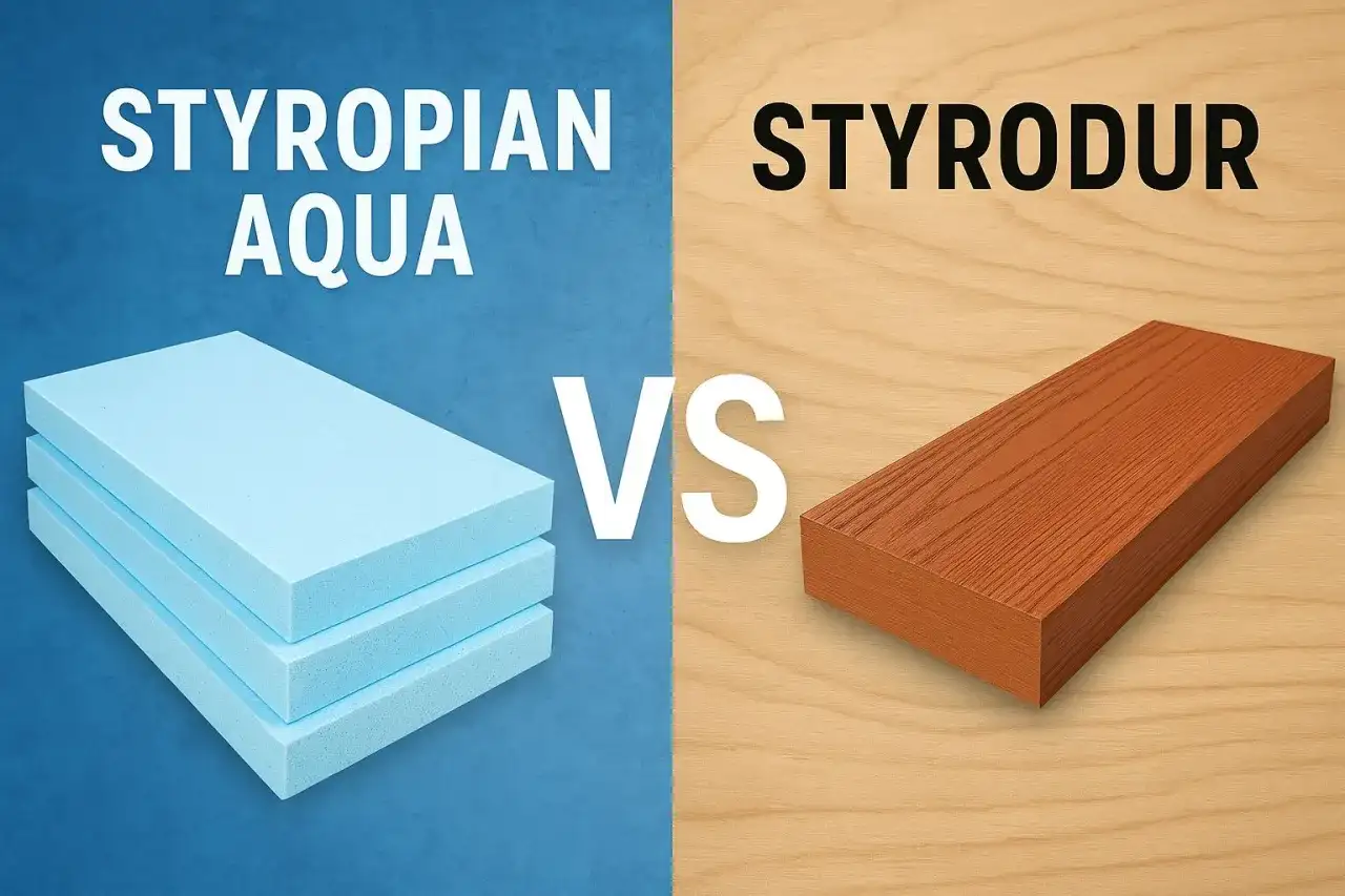 Styropian Aqua vs. styrodur. Porównanie materiałów izolacyjnych: niebieski styropian i brązowy styrodur.