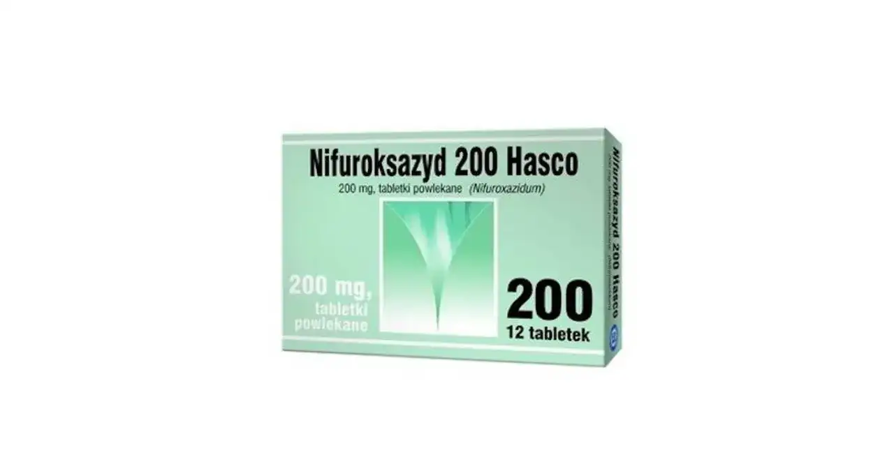 Opakowanie Nifuroksazyd 200 Hasco, 12 tabletek powlekanych. Lek pomocny w problemach żołądkowych u psa.