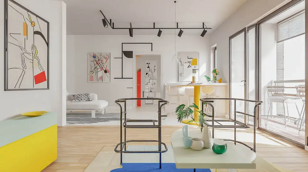 Nowoczesne wnętrze w stylu bauhaus z geometrycznymi obrazami, żółtym blatem i minimalistycznymi meblami.