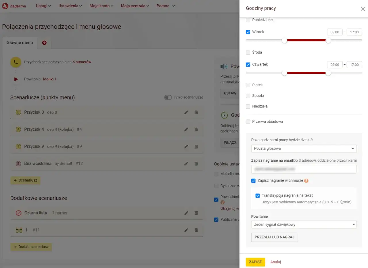 Ustawienia poczty głosowej: jak odsłuchać nagrania, transkrypcja na tekst i powiadomienia email. Konfiguracja godzin pracy.