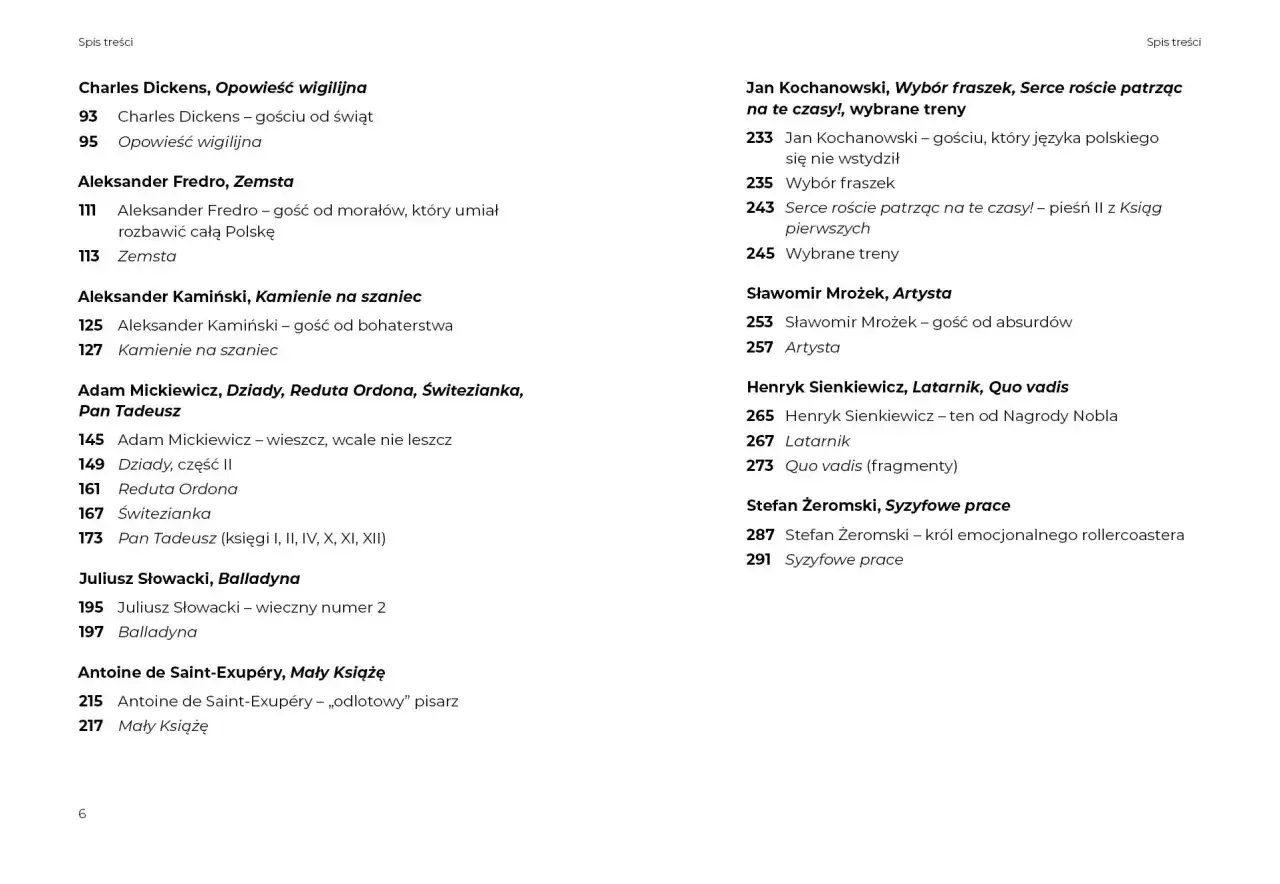 Spis treści: Pan Tadeusz, rodzaj literacki epika, Mickiewicz. Inne dzieła: Dickens, Fredro, Słowacki, Saint-Exupéry, Kochanowski, Mrożek, Sienkiewicz, Żeromski.