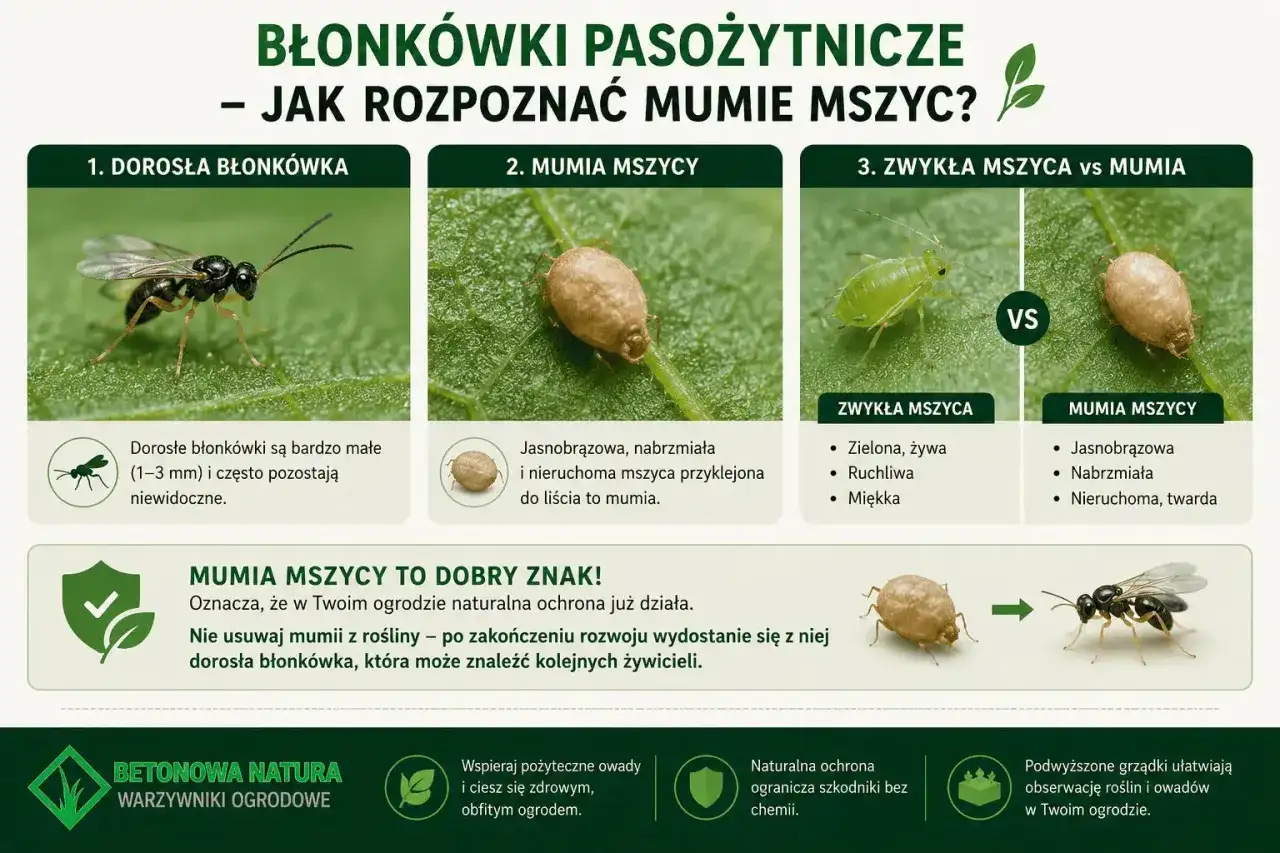 Dorosła błonkówka, mumia mszycy i zwykła mszyca. Mumia mszycy to znak, że naturalna ochrona przed szkodnikami w ogrodzie działa.