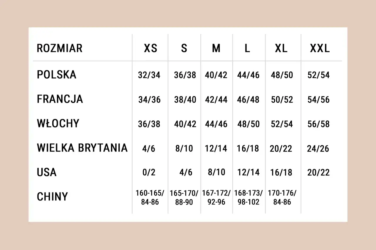 Tabela rozmiarów: rozmiar M to polskie 40/42, francuskie 42/44, włoskie 44/46, brytyjskie 12/14, USA 8/10, chińskie 167-172/92-96.