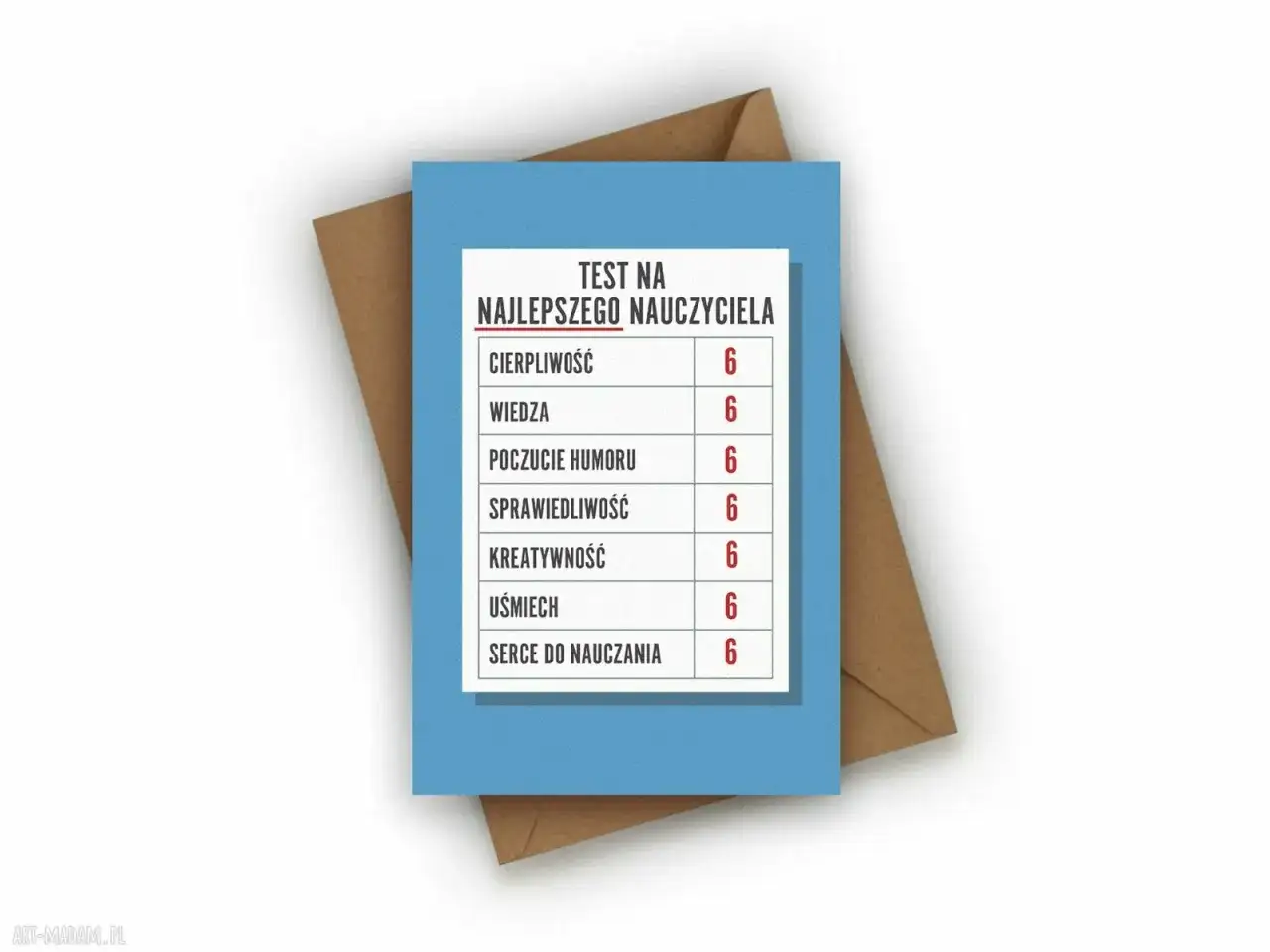 Kartka z testem na najlepszego nauczyciela, oceny 6 z cierpliwości, wiedzy, humoru, sprawiedliwości, kreatywności, uśmiechu i serca do nauczania. Art 20 kn.