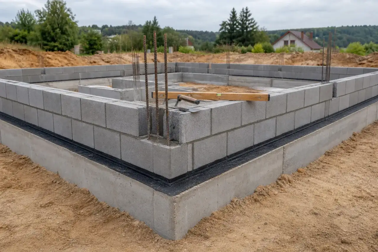 Budowa domu w toku. Widać fundamenty z bloczków betonowych fundamentowych, zbrojenie i narzędzia budowlane.