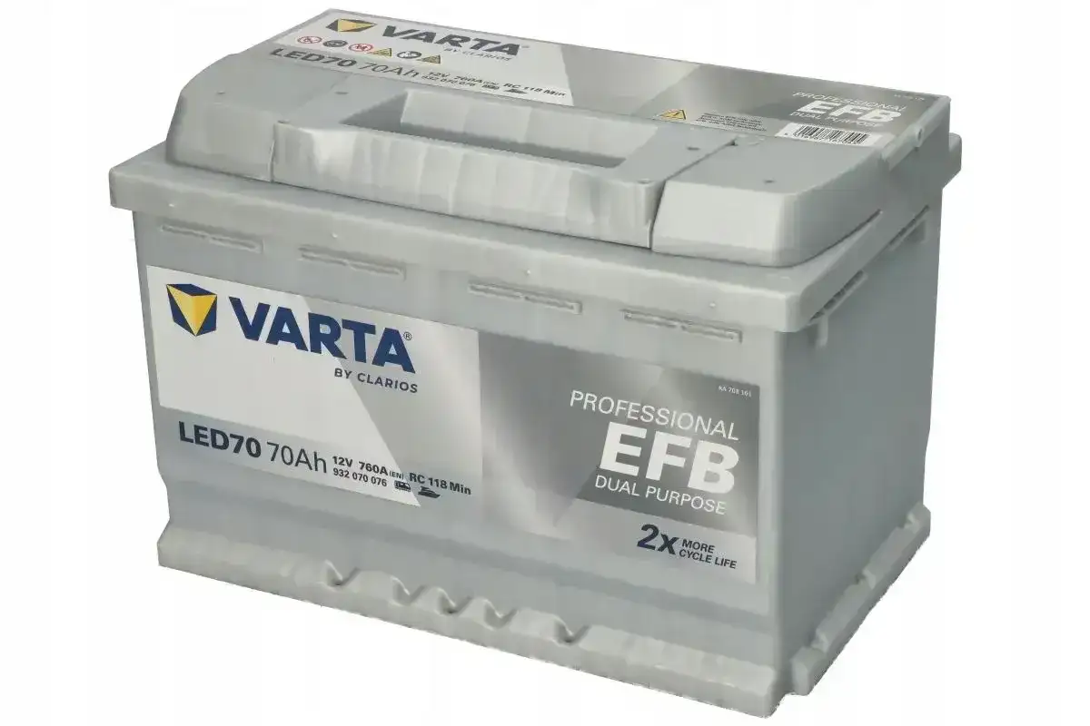 Akumulator Varta LED70 70Ah EFB Professional, z podwyższoną pojemnością akumulatora i dwukrotnie dłuższą żywotnością cykliczną.