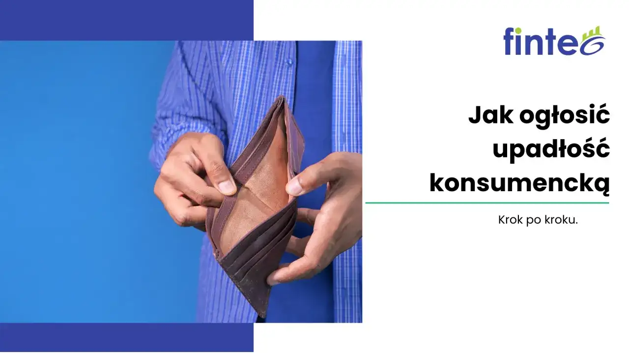 Osoba pokazuje pusty portfel, sugerując, kto może ogłosić upadłość konsumencką. Poradnik "Krok po kroku".
