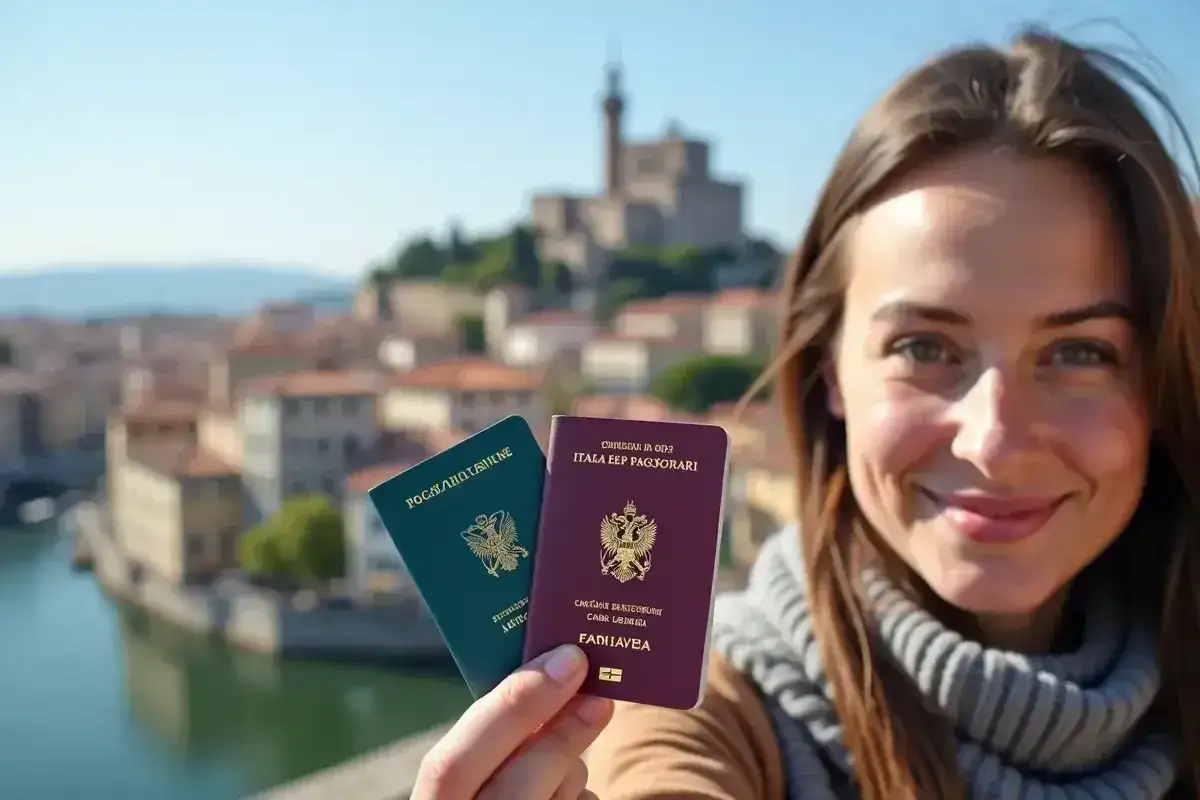 Uśmiechnięta kobieta trzyma paszporty na tle włoskiego miasta. Czy do Włoch potrzebny jest paszport? Tak, jeśli podróżujesz spoza strefy Schengen.