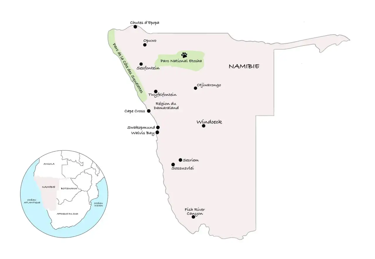 Mapa Namibii z zaznaczonymi atrakcjami, idealna do planowania namibia wycieczka: Etosha, Sossusvlei, Wybrzeże Szkieletów.
