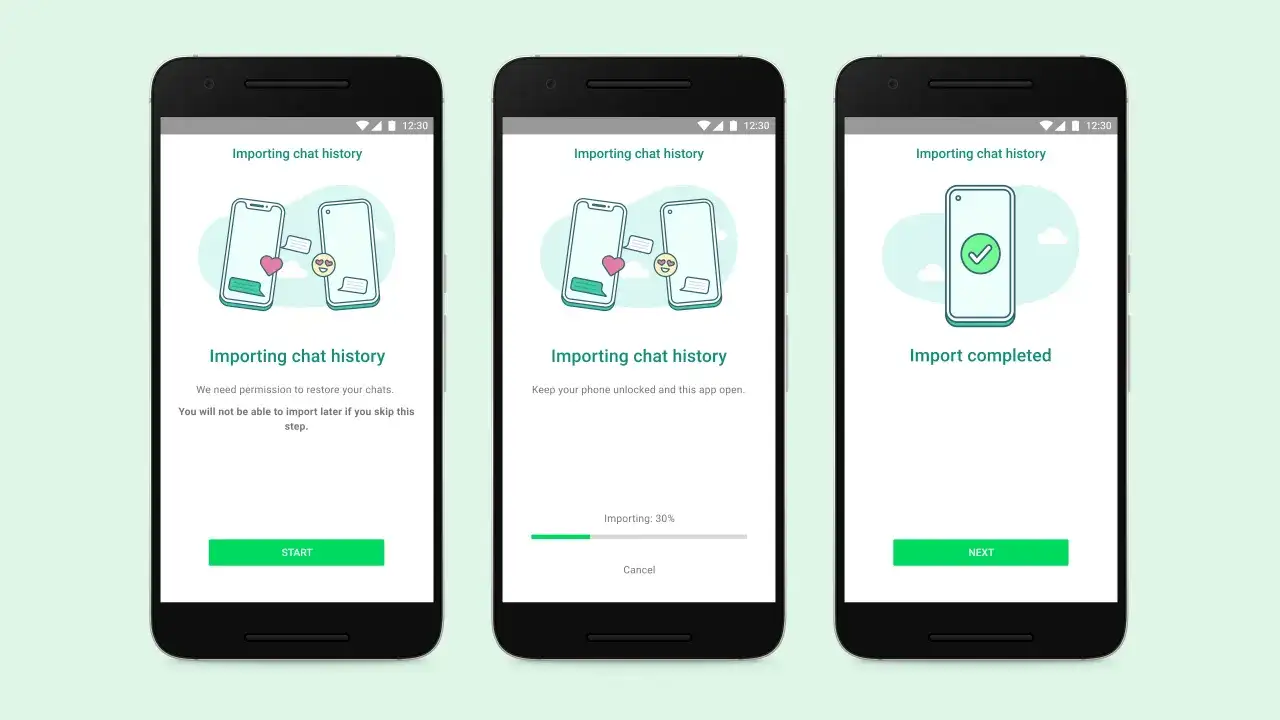 Jak przenieść WhatsApp na nowy telefon? Ekran importu historii czatów, postęp 30%, a na końcu potwierdzenie zakończenia.