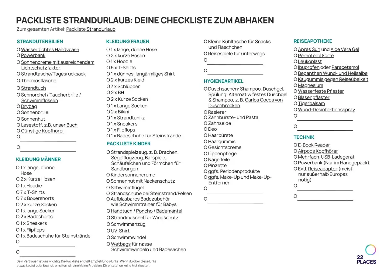 Packliste Strandurlaub: Checkliste für Kleidung, Hygieneartikel, Technik und mehr. Ideal für deine Reiseplanung.
