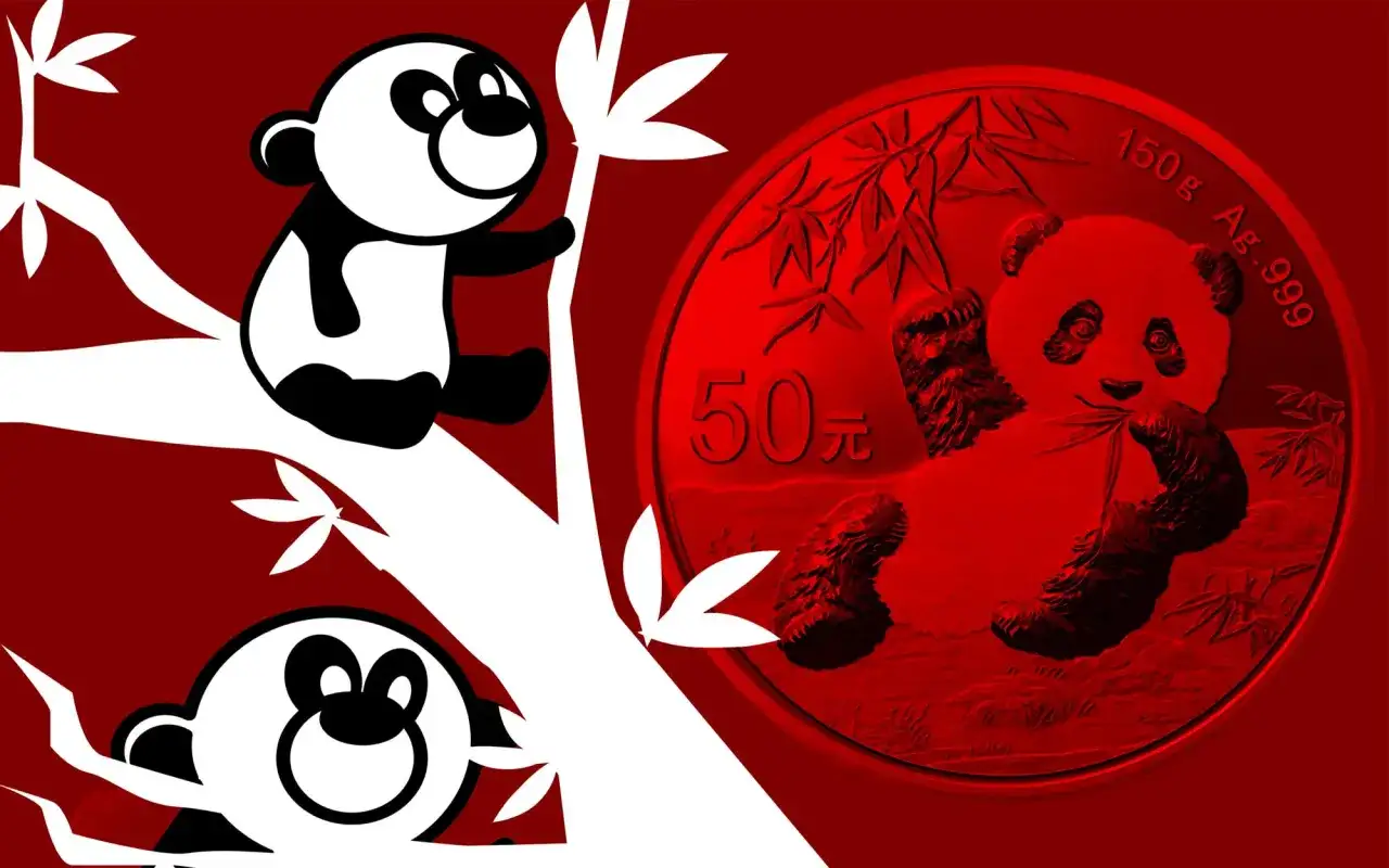 Stylizowana moneta z pandą i bambusem, obok rysunkowe pandy na gałęzi.