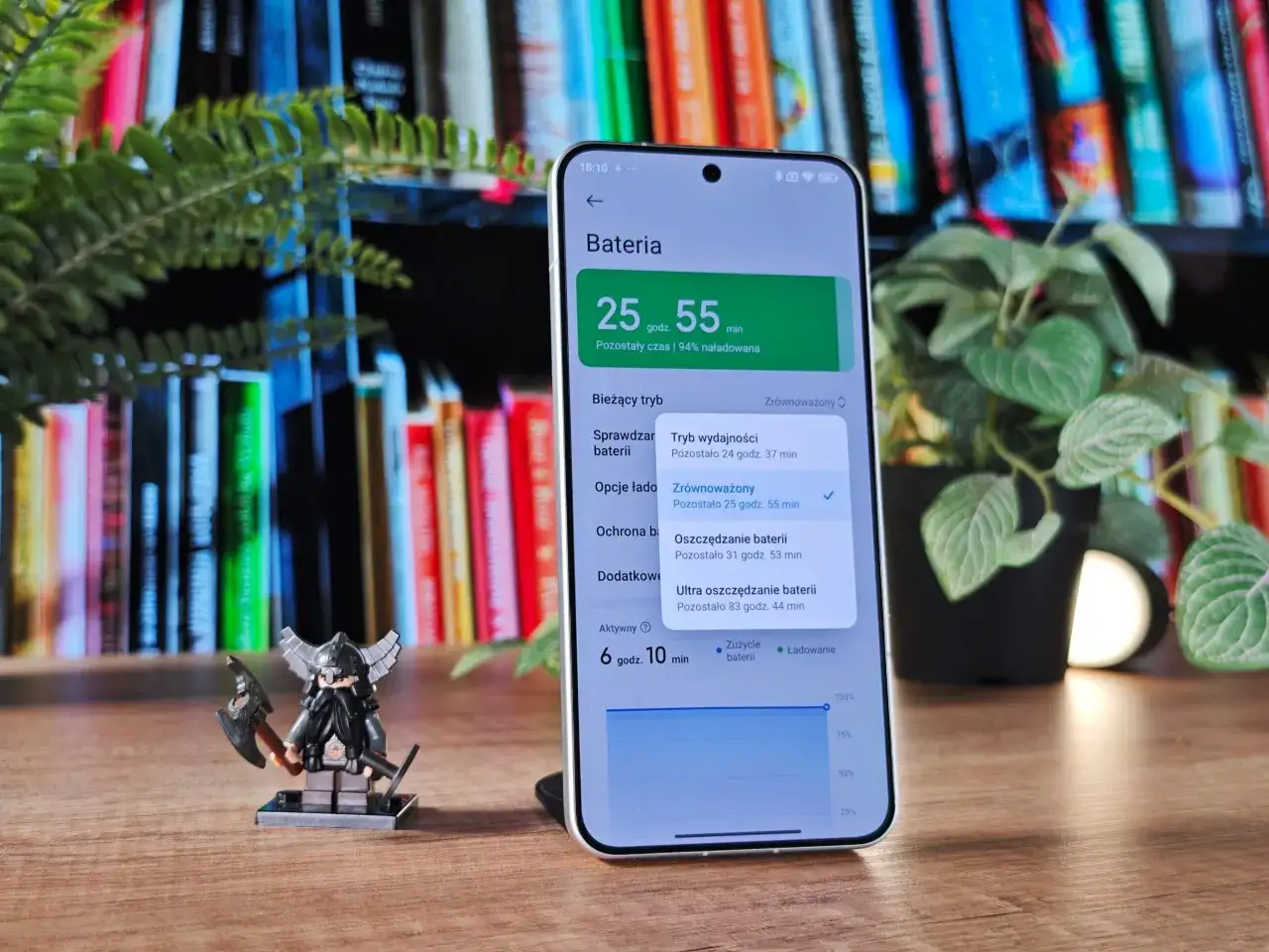 Jak sprawdzić kondycję baterii Xiaomi? Na ekranie telefonu widać stan naładowania 94% i pozostały czas pracy.