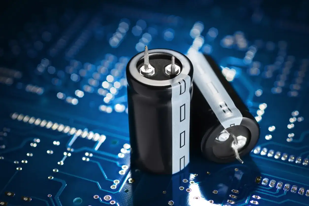 Dwa kondensatory elektrolityczne na tle niebieskiej płytki drukowanej. Różne rodzaje kondensatorów są kluczowe w elektronice.