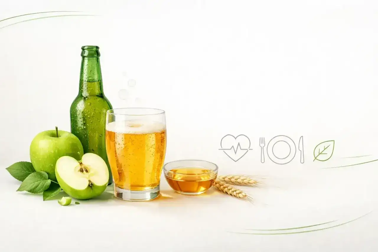 Zielone jabłka, butelka i szklanka orzeźwiającego cydru. Zastanawiasz się, cydr ile procent ma alkoholu?