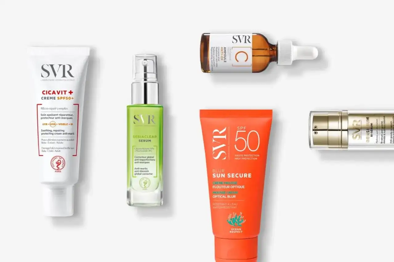 Krem SVR Cicavit+, serum SVR Sebiaclear, ampułka SVR z witaminą C, krem SVR Sun Secure SPF 50 i bi-serum SVR Densilium.