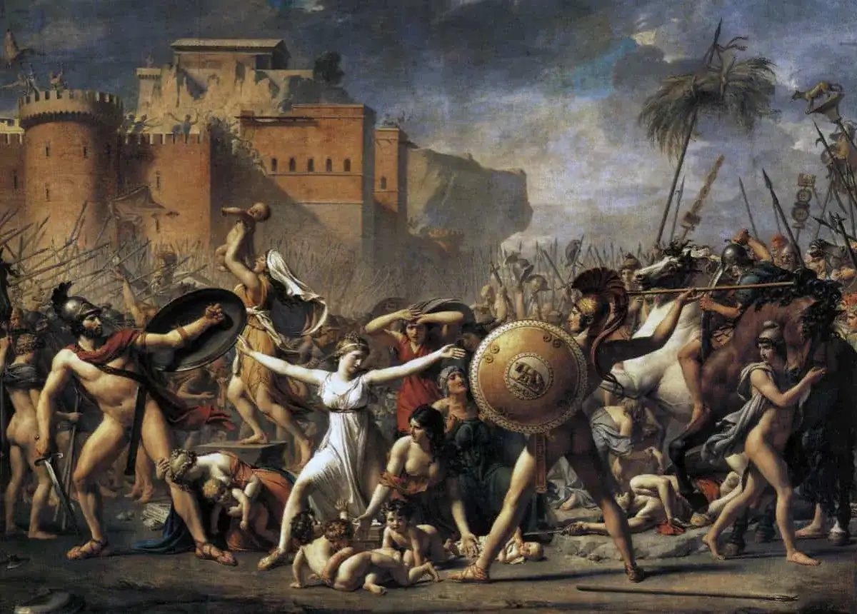 Scena z mitologii rzymskiej: kobiety próbują powstrzymać Rzymian przed porwaniem ich dzieci. Dramatyczna bitwa o przyszłość.