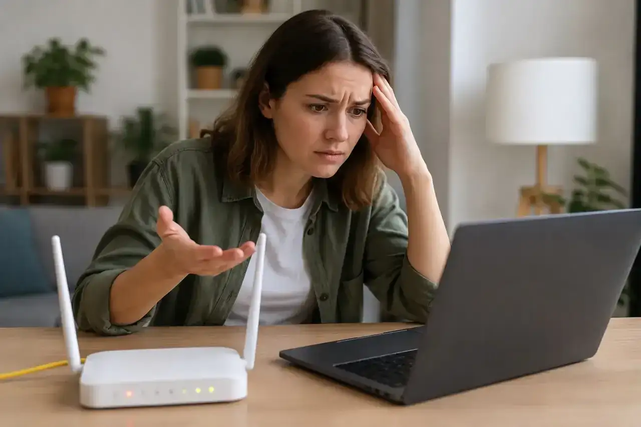 Zestresowana kobieta próbuje dowiedzieć się, jak naprawić internet w komputerze, patrząc na router i laptopa.