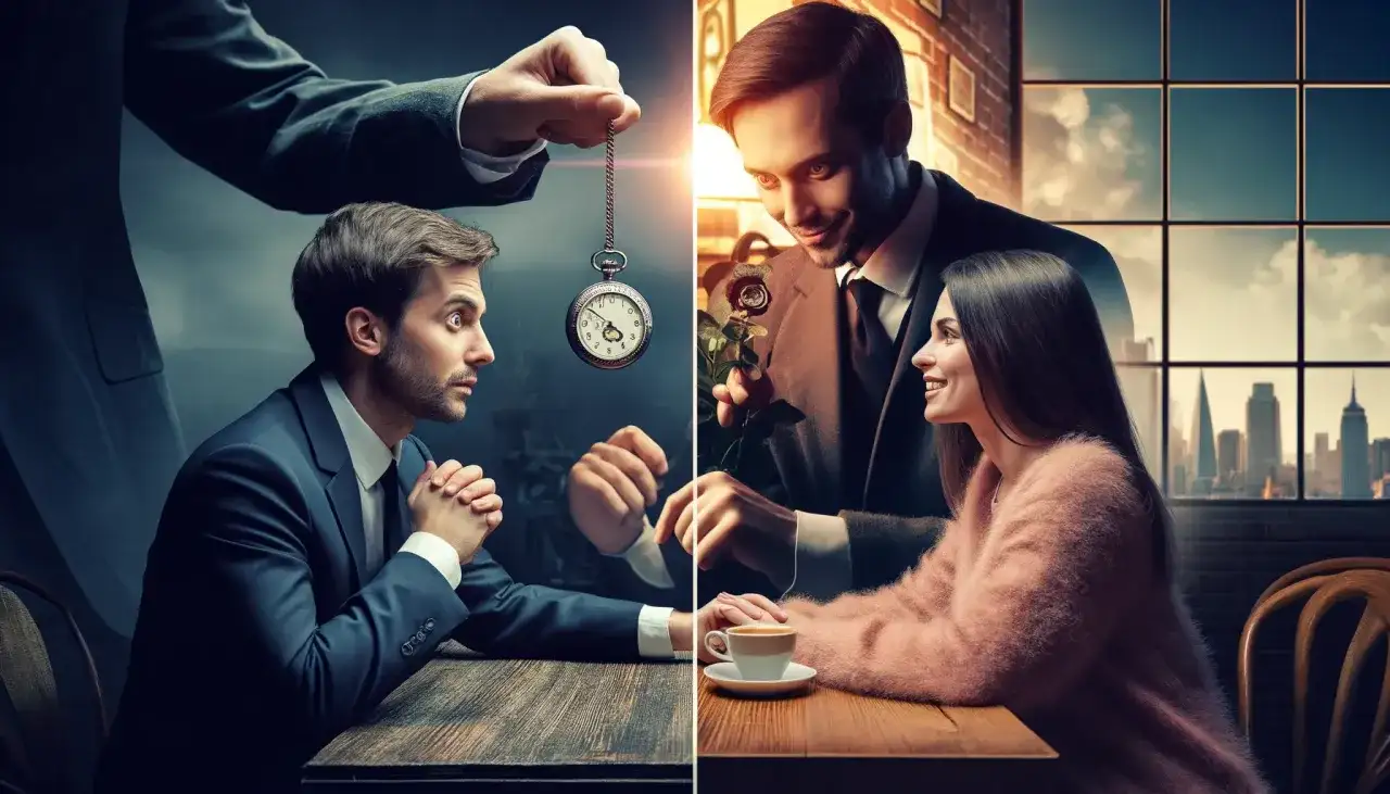 Un uomo ipnotizzato da un orologio, poi un altro uomo offre una rosa a una donna sorridente. Come diventare uno specchio.