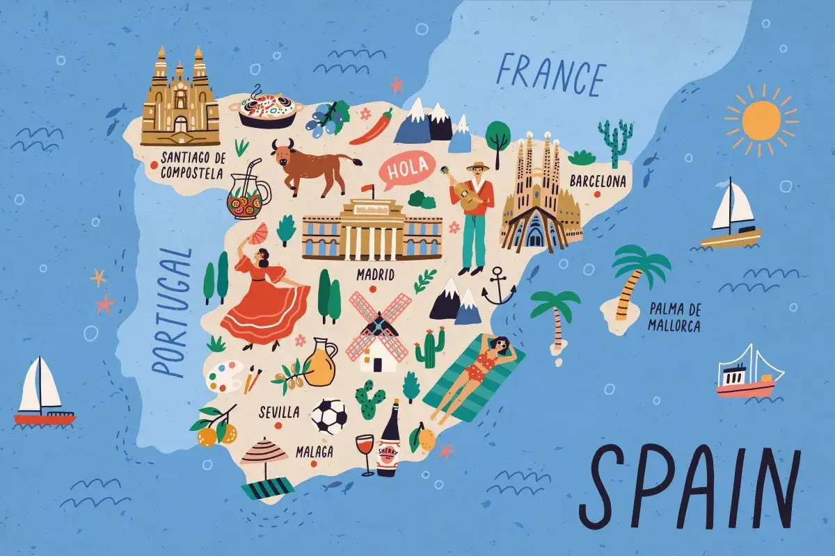 Kolorowa mapa Hiszpanii z zabytkami, tańcem flamenco, bykiem i słońcem. Ciekawe ciekawostki o Hiszpanii w pigułce!