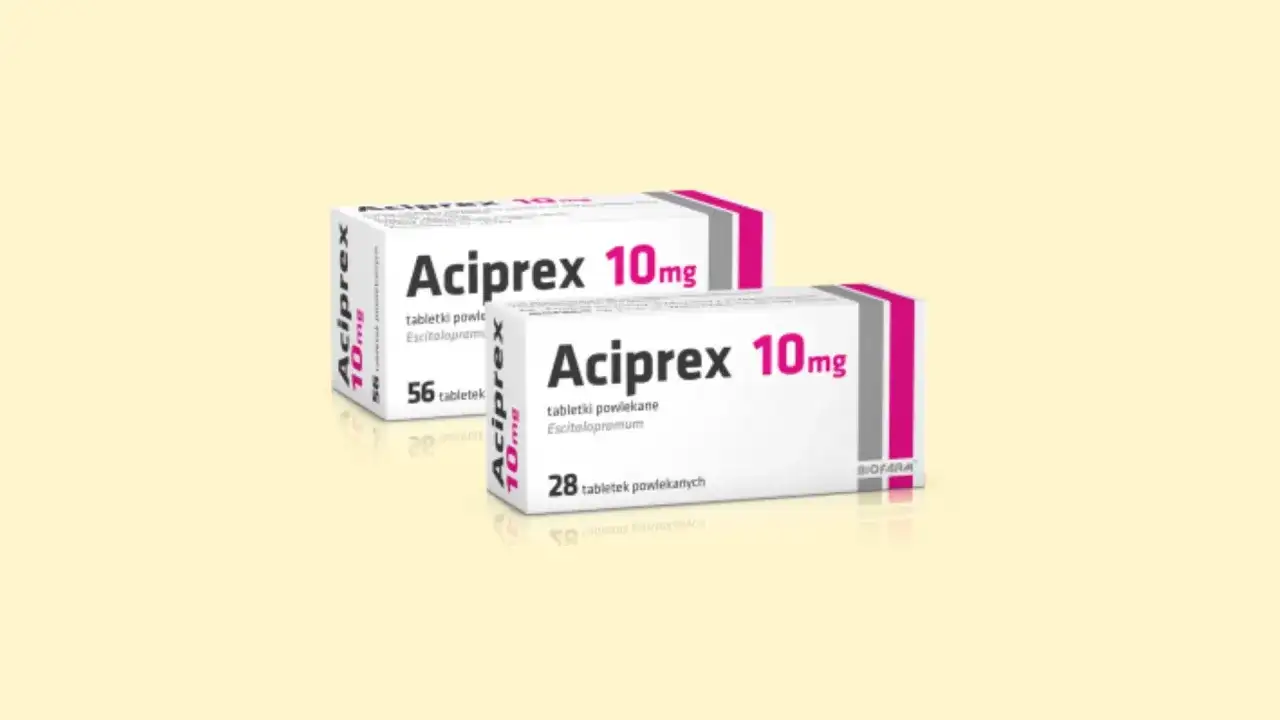 Dwa opakowania leku Aciprex 10mg, jedno z 56, drugie z 28 tabletkami powlekanymi.