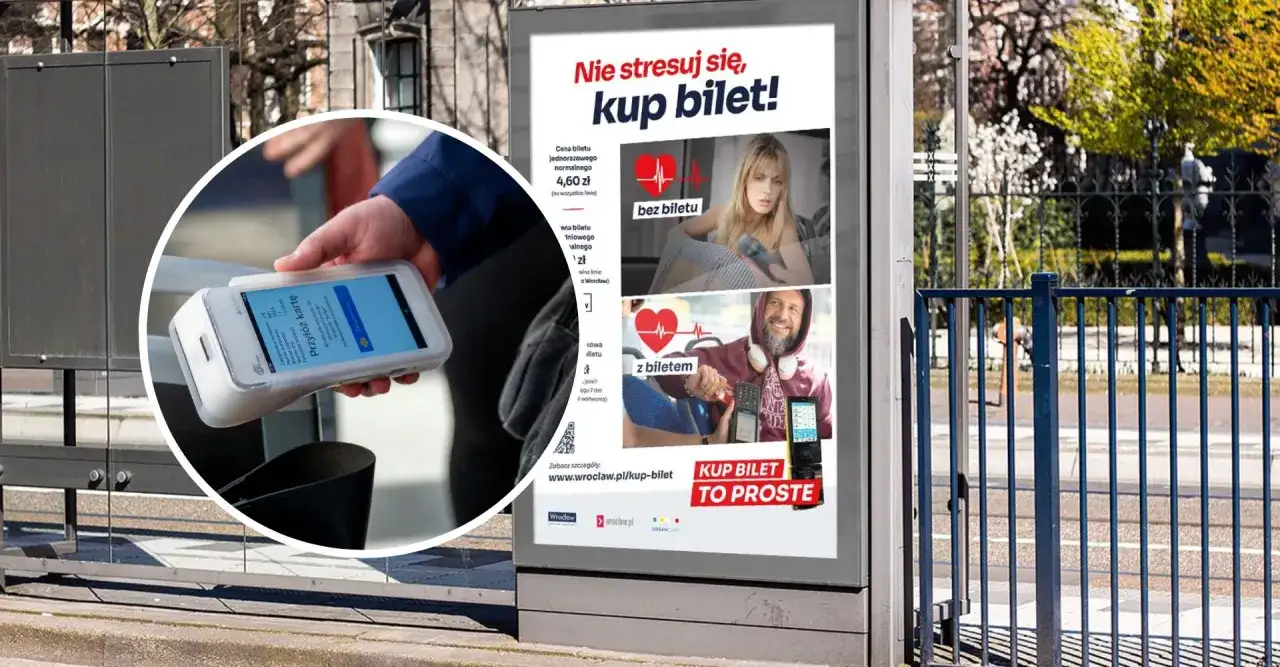Ręka trzyma telefon z aplikacją do zakupu biletów. Reklama przypomina o karze za brak biletu, zwłaszcza ulgowego bez legitymacji.