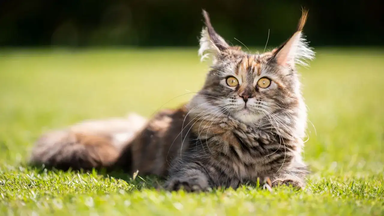 Majestatyczny maine coon o dzikim spojrzeniu leży na trawie. Jego charakter, pełen łagodności i dumy, emanuje z każdego włosa.