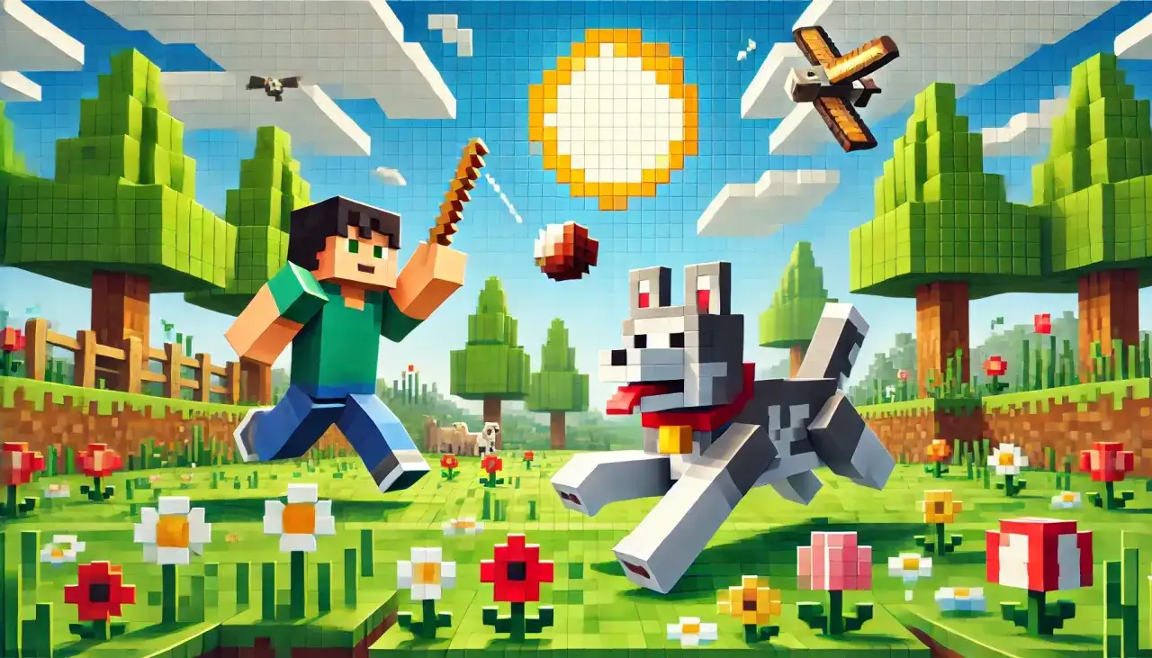 Chłopiec z psem w świecie Minecraft, szukający najlepszych nicków do Minecraft. Słońce, drzewa i kwiaty tworzą radosną scenerię.