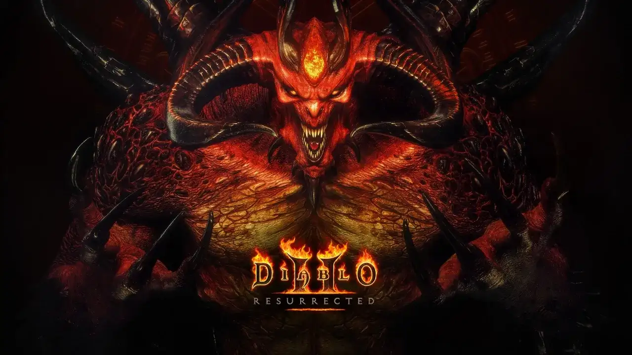 Diablo 2 Resurrected cena: przerażający demon z rogami i płonącymi oczami, logo gry.