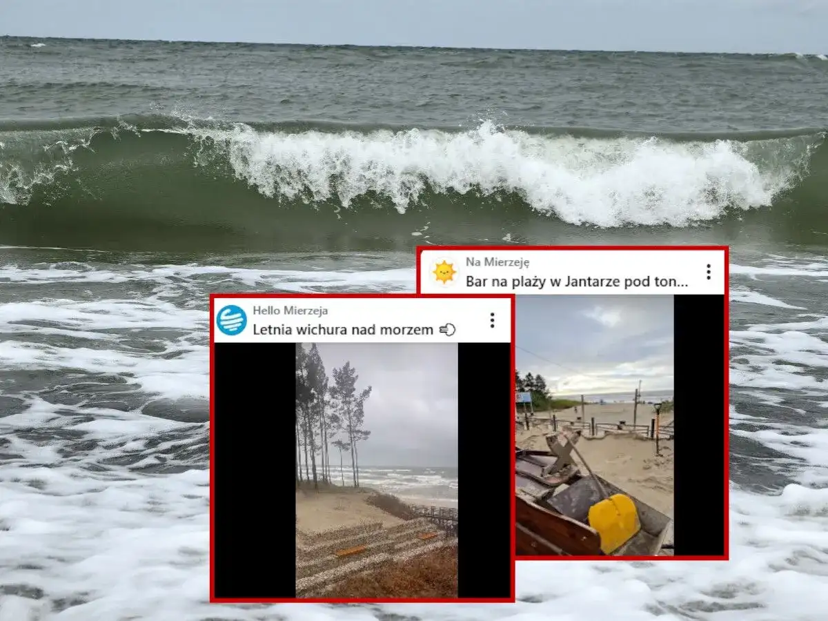 Fale rozbijają się o brzeg. Na ekranie widać fragmenty postów z Mierzei: letnia wichura i bar na plaży w Jantarze.