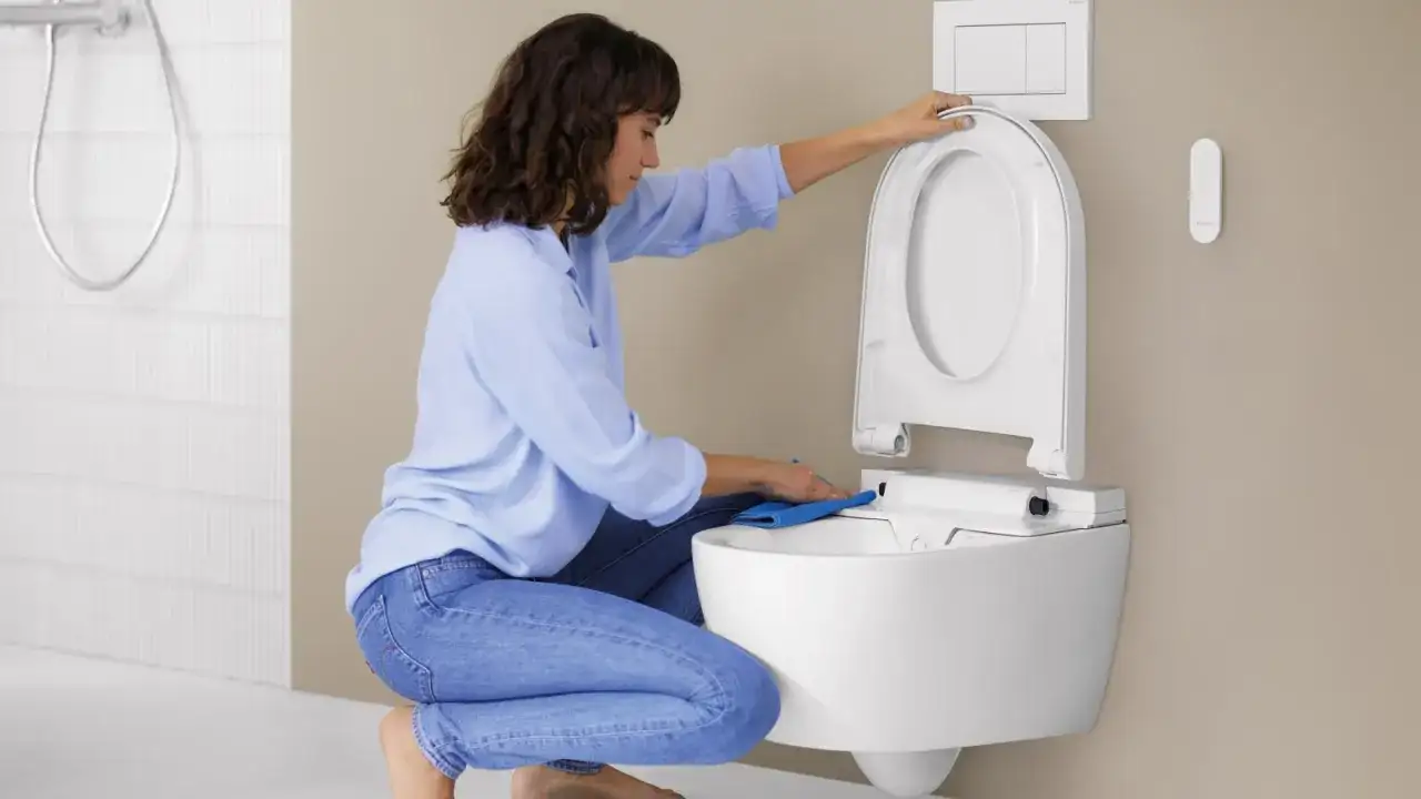 Donna pulisce il WC con un panno blu. Per una pulizia profonda, usa ammoniaca per pulire wc.