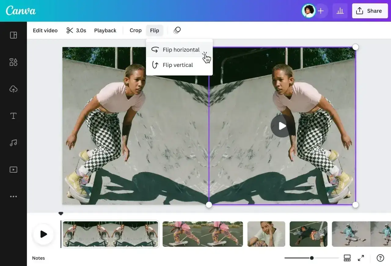 Jak zrobić odbicie lustrzane zdjęcia w Canvie? Kliknij "Flip", a następnie "Flip horizontal", aby uzyskać efekt lustrzanego odbicia.