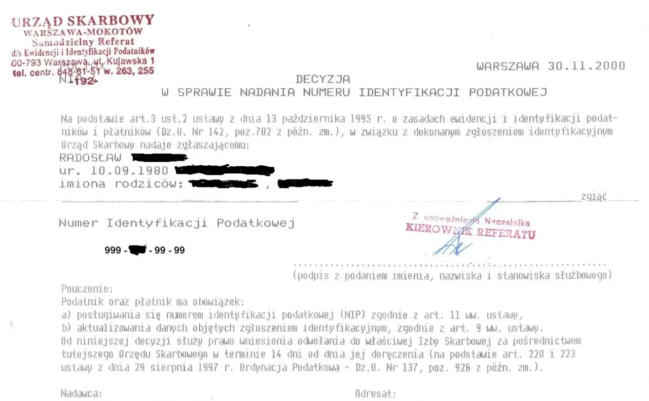 Decyzja Urzędu Skarbowego o nadaniu numeru identyfikacji podatkowej (NIP).