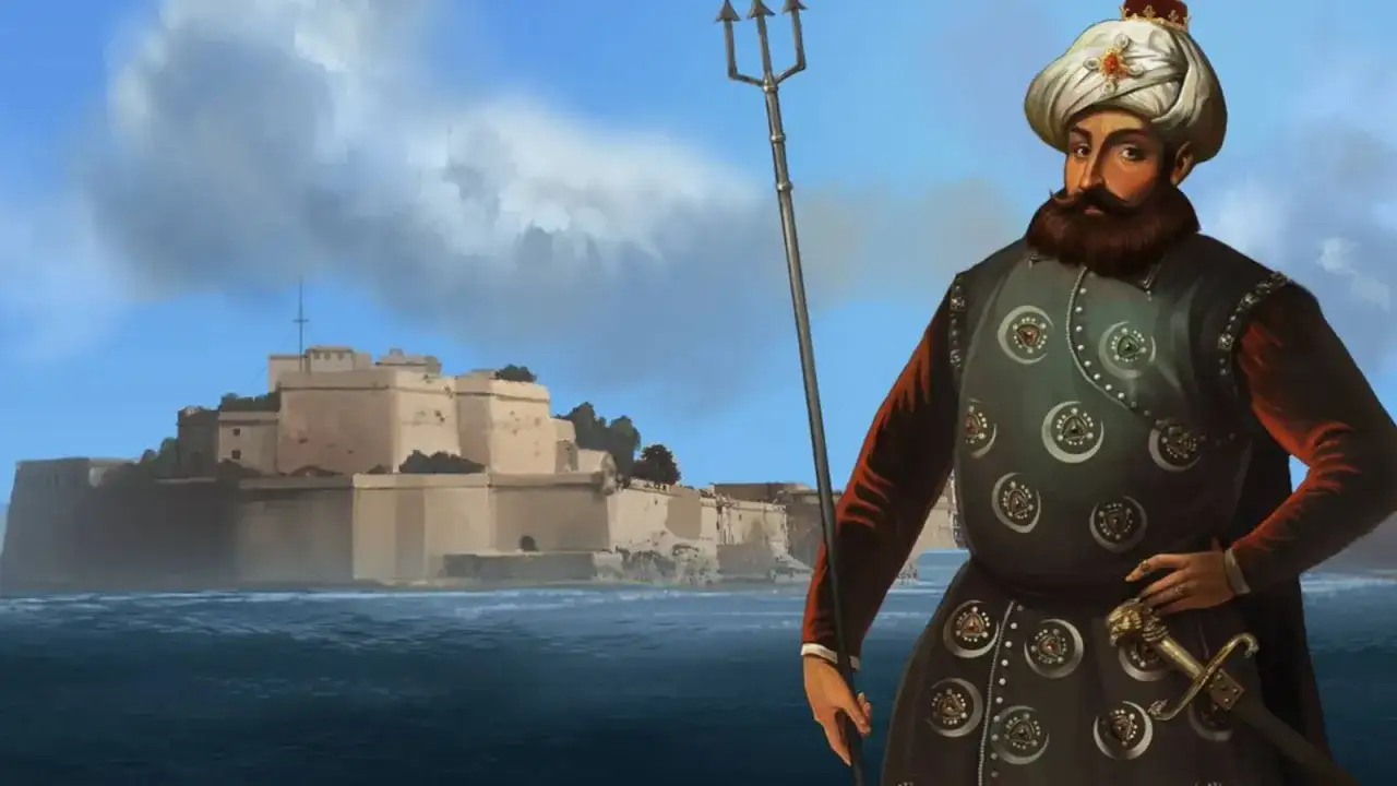 Postać z trójzębem i mieczem na tle twierdzy. Może przydać się do gry Europa Universalis 4 kody.