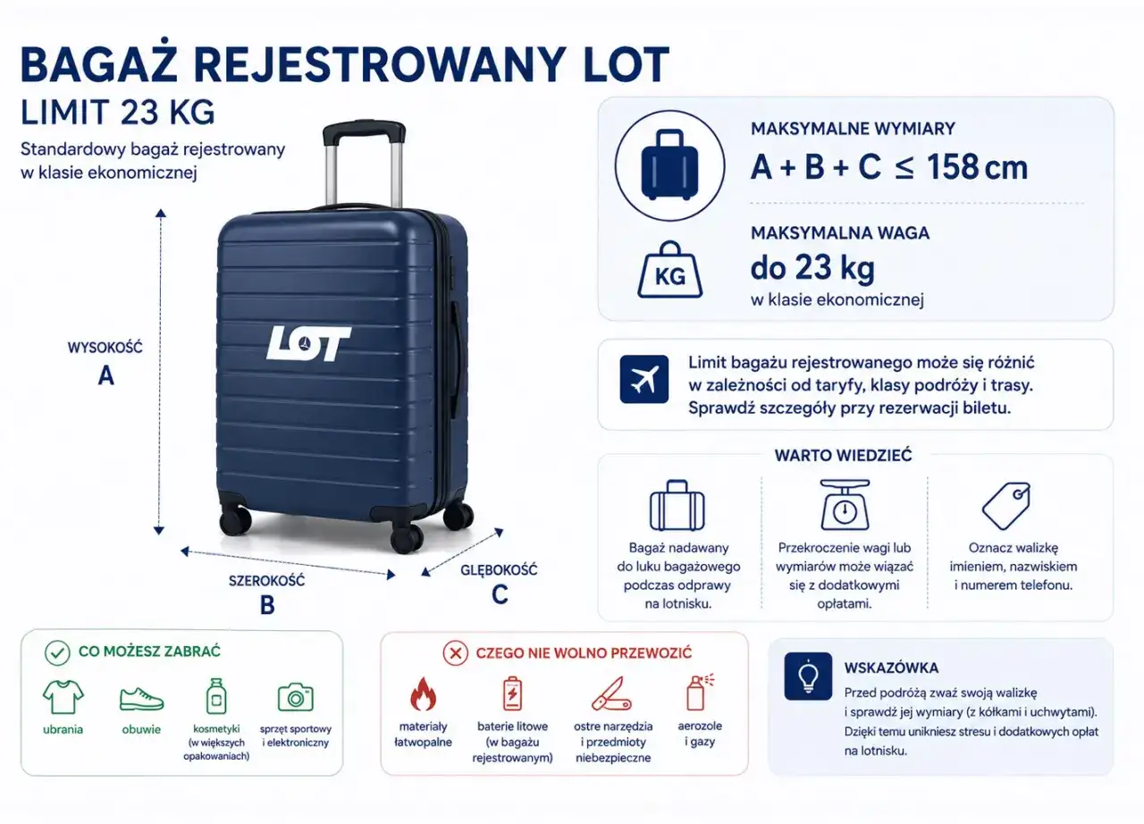 Bagaż rejestrowany LOT: max 23 kg, wymiary A+B+C ≤ 158 cm. Przed podróżą sprawdź wymiary walizki.
