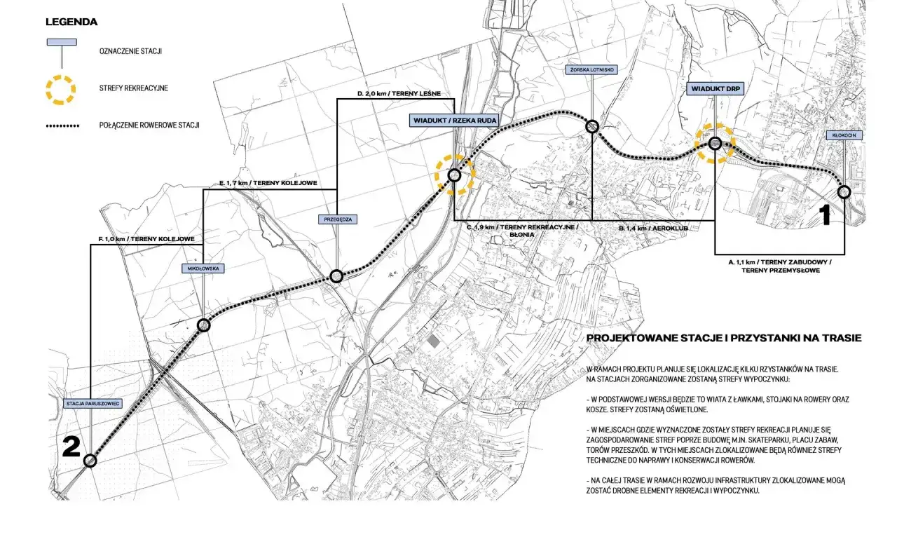 Mapa projektowanych ścieżek rowerowych w Rybniku z zaznaczonymi stacjami, terenami rekreacyjnymi i połączeniami.