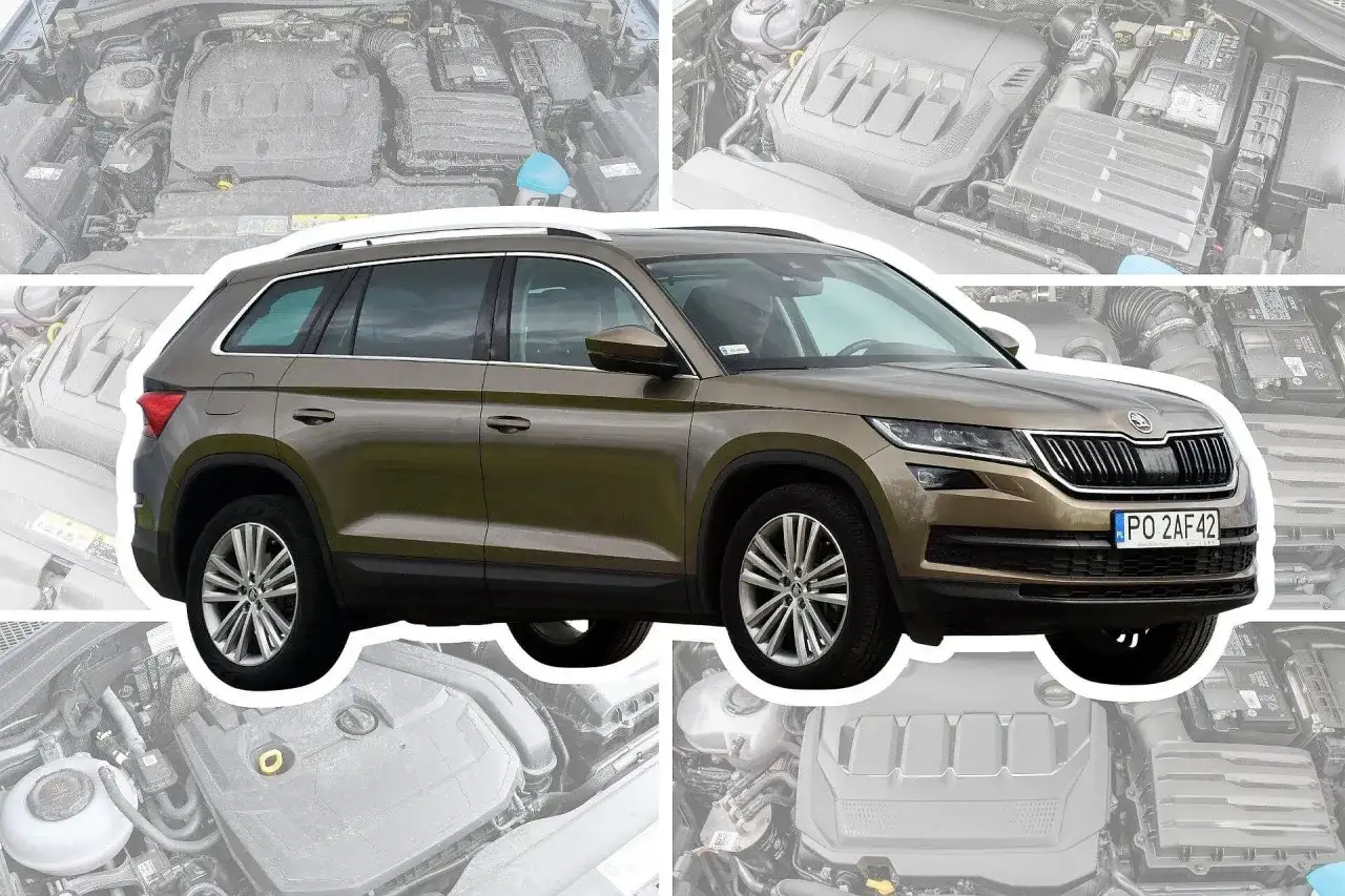 Nowa Skoda Kodiaq w kolorze brązowym, z widokiem na silnik w tle.