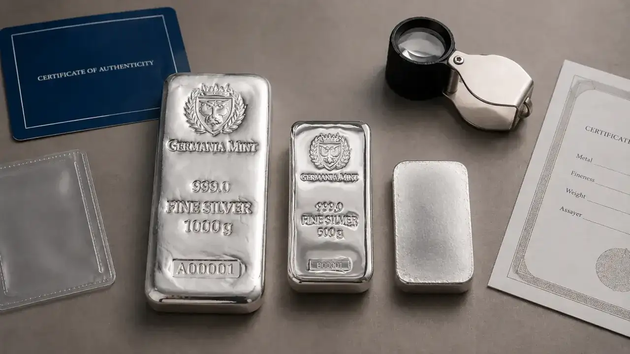 Trzy sztabki srebra inwestycyjnego Germania Mint o wadze 1000g, 500g i mniejsza, obok certyfikaty i lupa.