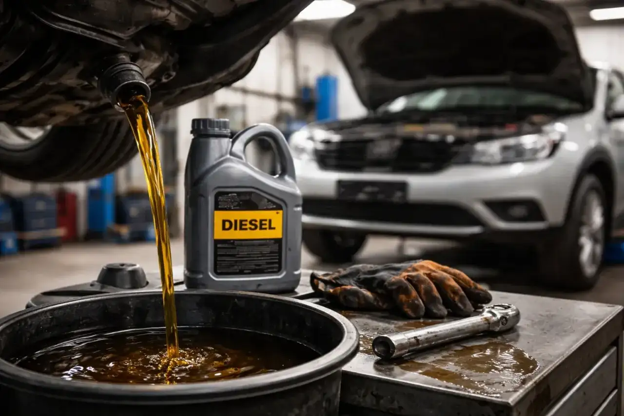 Vidange d'une voiture diesel : l'huile usagée s'écoule dans un bac, à côté d'une bidon d'huile neuve et d'une clé.
